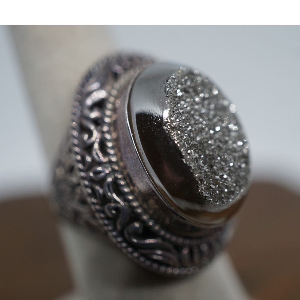 Sterling Silver 925 Oval Druzy Filigree Statement Ring Size 7 13.34g